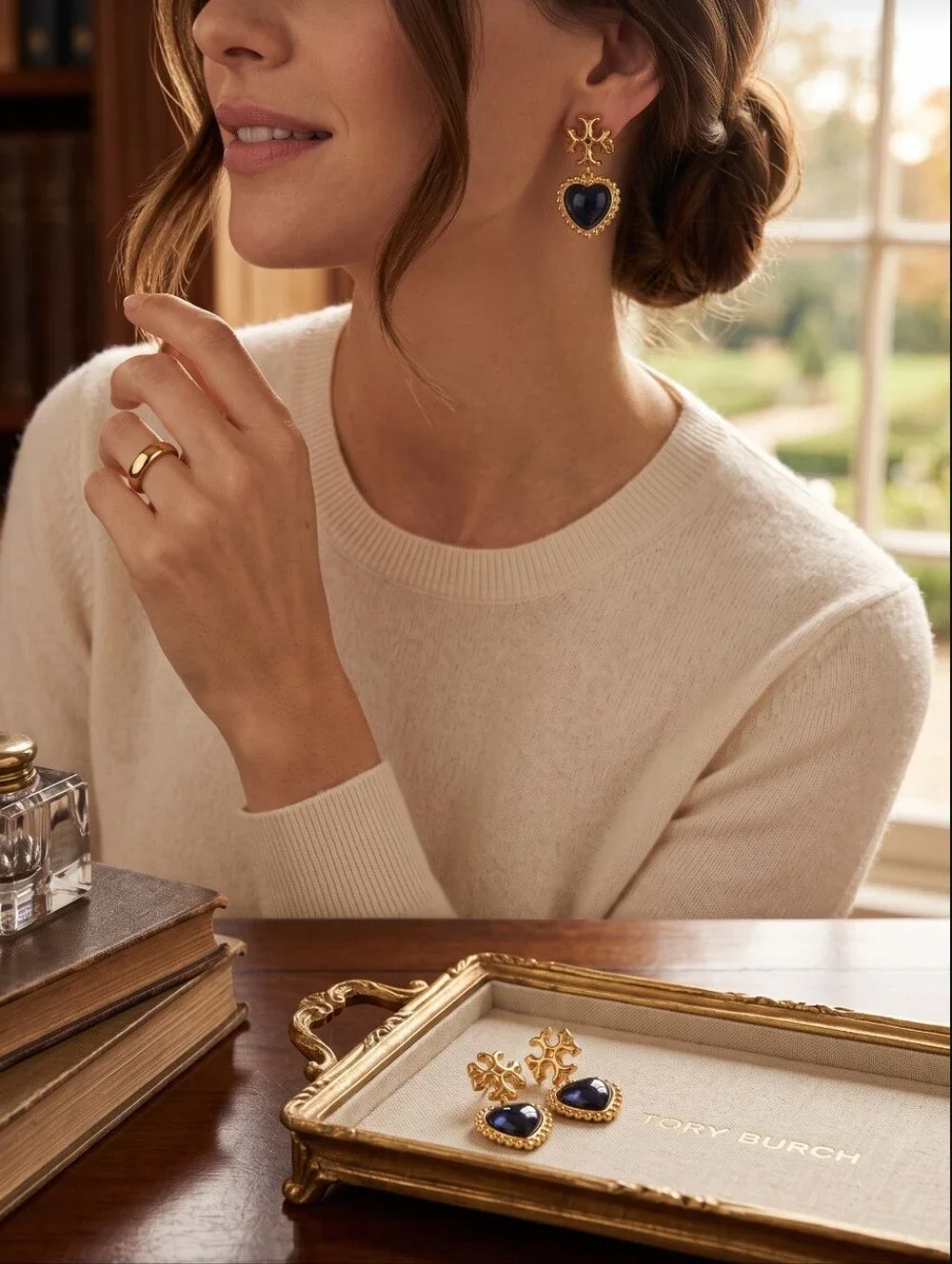 Tory Burch Roxanne Gold-tone and Navy Blue Crystal Heart Drop Earrings